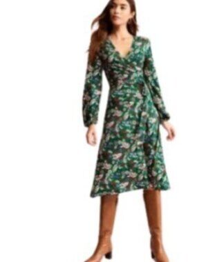 Boden Womens Joanna Midi Wrap Dress Green Combo Floral Jersey Knit Petite 10